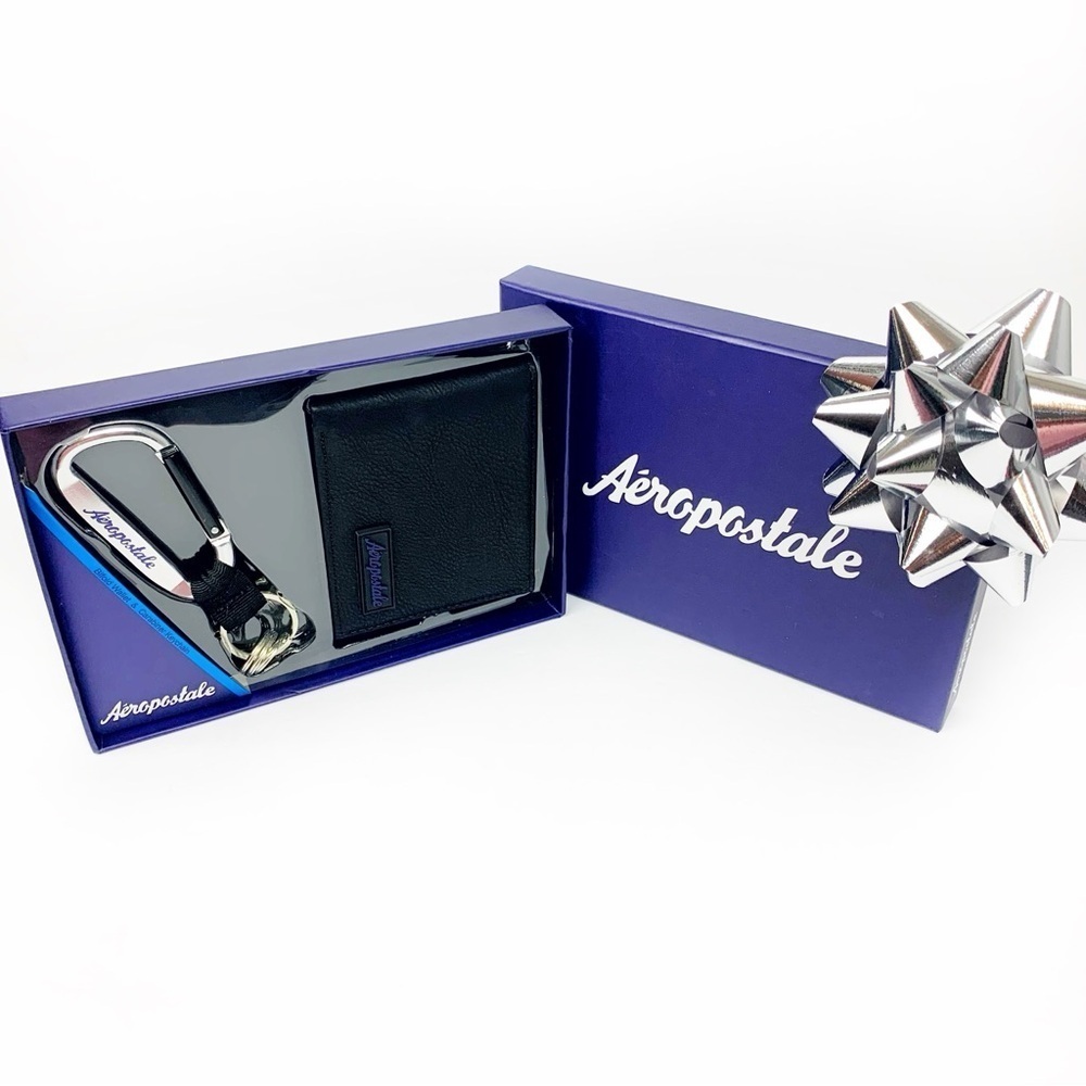 Aeropostale Black Bifold Wallet & Carabiner Keychain Set • Gift Box • NWT